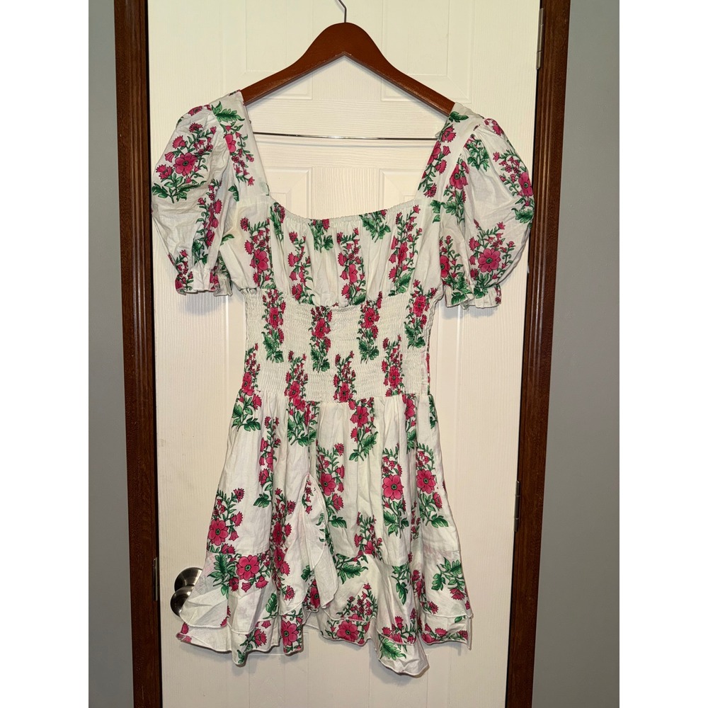 Mary Marshall Floral Smocked Puff Sleeve Mini Dress Pink White Square Neck Small